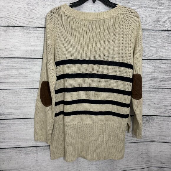 Alya Beige & Black Striped Knit Sweater With Elbow Patches Size L - Picture 5 of 5